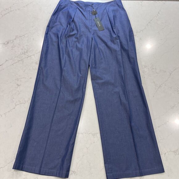 Misook NEW Zip Fly Wide Leg Pants Womens Large x 33" Blue Cotton Pockets Pleated - Picture 2 of 14